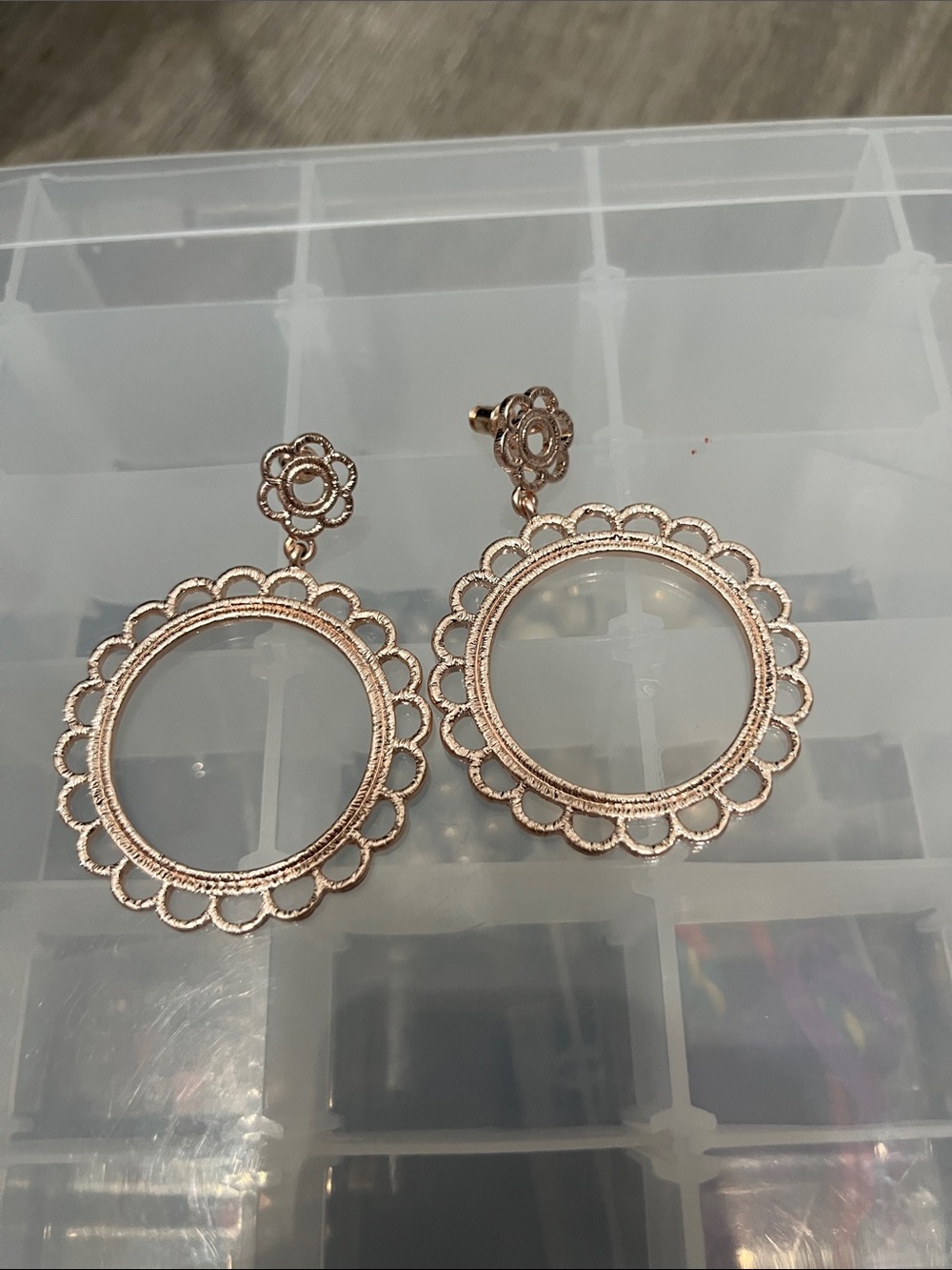 Rose Gold Floral Circle Drop Earrings - Feminine Filigree Design